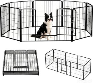 Dog Playpen Indoor 8 Panels 24 Inch, Metal Outdoor Dog Fence Pen - Basic Black | NEWBULIG