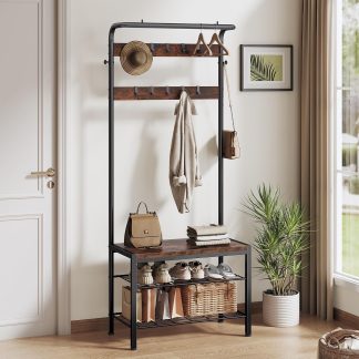 Coat Rack, Hall Tree with Shoe Bench, 4-in-1 Entryway Organizer with 10 Hooks and Storage Shelf, Rustic Wood Entryway Bench for Mudroom, Living Room, Bedroom, Brown - Deep Brown | NEWBULIG