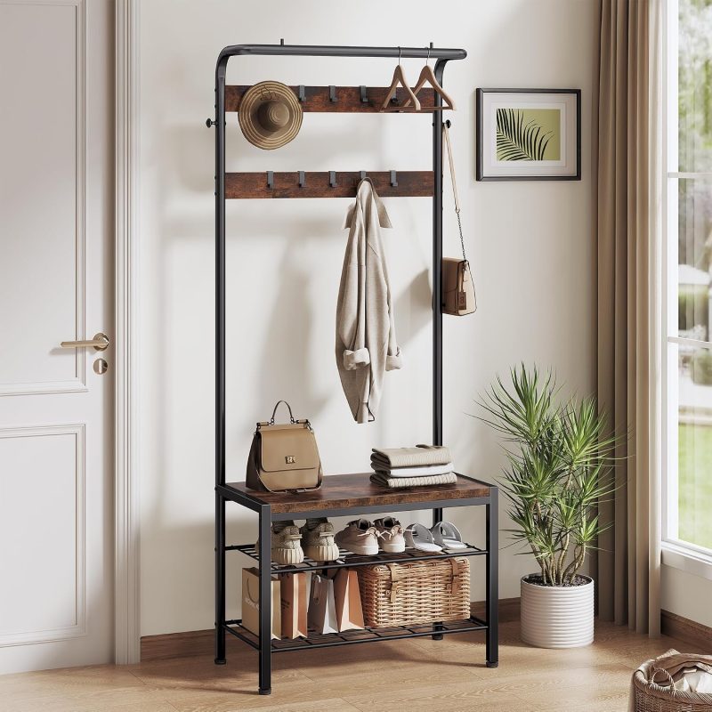 Coat Rack, Hall Tree with Shoe Bench, 4-in-1 Entryway Organizer with 10 Hooks and Storage Shelf, Rustic Wood Entryway Bench for Mudroom, Living Room, Bedroom, Brown - view 1 of 6 | NEWBULIG