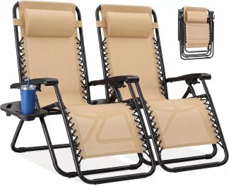 Zero Gravity Chairs Set of 2, Folding Lounge Recliner Chair - Khaki | NEWBULIG