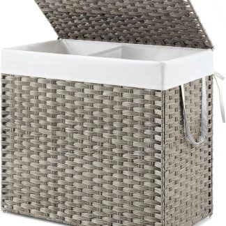 Laundry Hamper with Lid, 29 Gallon (110L) Wicker Clothes Basket, Double Woven Clothes Basket Organizer for Bedroom, Bathroom & Laundry Room, Grey - Grey | NEWBULIG