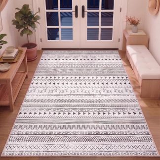 3×5 Washable Area Rug, Non-Slip Low Pile Carpet, Geometric Pattern - Beige | NEWBULIG