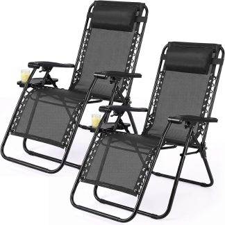 Zero Gravity Chairs Set of 2, Folding Lounge Recliner Chair - Modern Black | NEWBULIG