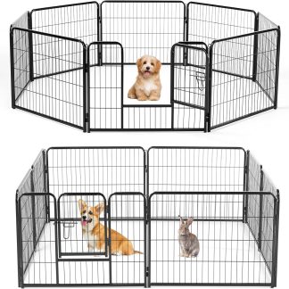 Dog Playpen Indoor 8 Panels 24 Inch, Metal Outdoor Dog Fence Pen - Basic Black | NEWBULIG