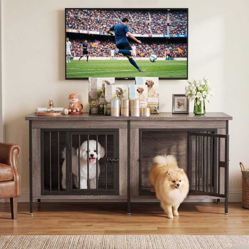 54 Inch Double Dog Crate Furniture for 2 Dogs, Gray Wood Grain - view 1 of 6 | NEWBULIG