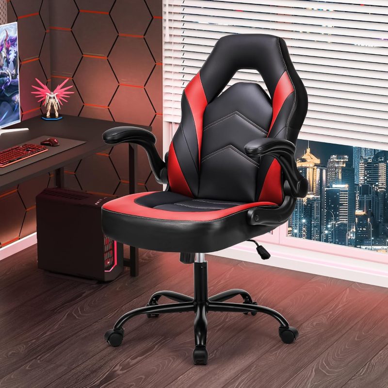Computer Gaming Desk Chair, Big Tall Ergonomic Lumbar Support with Flip-up Armrest and 360 Degree Swivel Wheels, PU Leather Height Adjustable, for Home and Office, Grey - view 1 of 6 | NEWBULIG