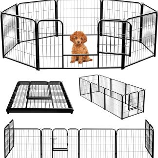 Dog Playpen Indoor 8 Panels 24 Inch, Metal Outdoor Dog Fence Pen - Jet Black | NEWBULIG