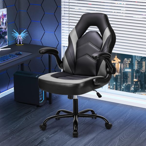 NEWBULIG Computer Gaming Desk Chair, Big Tall Ergonomic Lumbar Support with Flip-up Armrest and 360 Degree Swivel Wheels, PU Leather Height Adjustable, for Home and Office, Grey