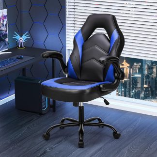 Computer Gaming Desk Chair, Big Tall Ergonomic Lumbar Support with Flip-up Armrest and 360 Degree Swivel Wheels, PU Leather Height Adjustable, for Home and Office, Grey - Blue | NEWBULIG