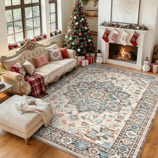 3×5 Washable Area Rug, Non-Slip Low Pile Carpet, Geometric Pattern - Blue and Red | NEWBULIG