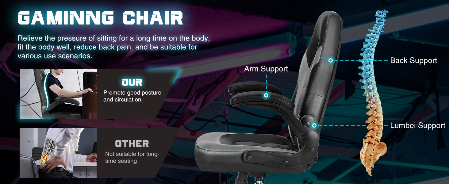 NEWBULIG Computer Gaming Desk Chair, Big Tall Ergonomic Lumbar Support with Flip-up Armrest and 360 Degree Swivel Wheels, PU Leather Height Adjustable, for Home and Office, Grey - NEWBULIG product detail