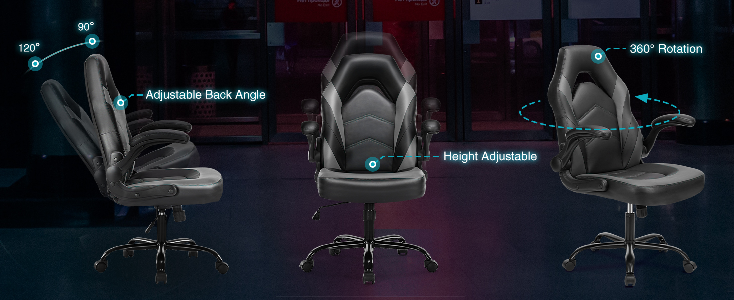 NEWBULIG Computer Gaming Desk Chair, Big Tall Ergonomic Lumbar Support with Flip-up Armrest and 360 Degree Swivel Wheels, PU Leather Height Adjustable, for Home and Office, Grey - NEWBULIG product detail