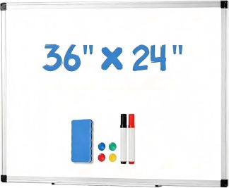 White Board, 36 x 24 Inch Magnetic Dry Erase Board for Wall with 1 Dry Eraser & 2 Multi-Color Markers & 4 Magnetic Pins, Silver Aluminum Frame for Office, Home, School, White | NEWBULIG