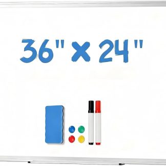 White Board, 36 x 24 Inch Magnetic Dry Erase Board for Wall with 1 Dry Eraser & 2 Multi-Color Markers & 4 Magnetic Pins, Silver Aluminum Frame for Office, Home, School, White | NEWBULIG