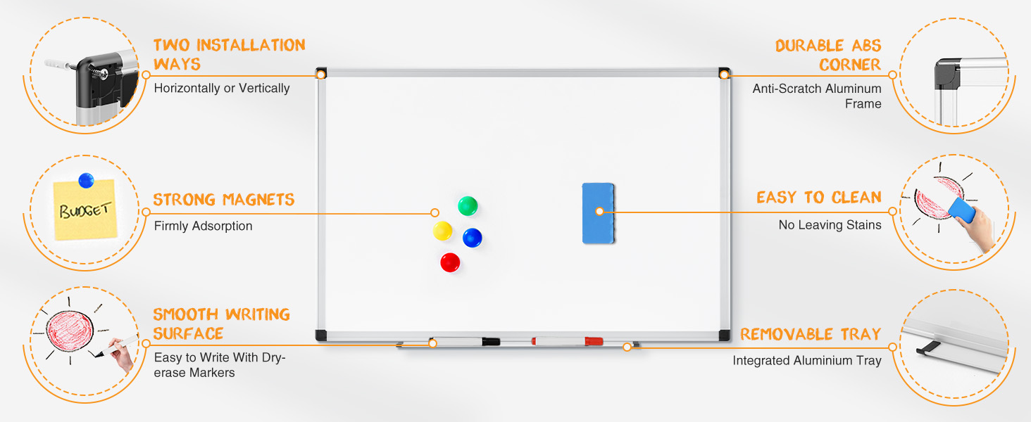 NEWBULIG White Board, 36 x 24 Inch Magnetic Dry Erase Board for Wall with 1 Dry Eraser & 2 Multi-Color Markers & 4 Magnetic Pins, Silver Aluminum Frame for Office, Home, School, White - NEWBULIG product detail