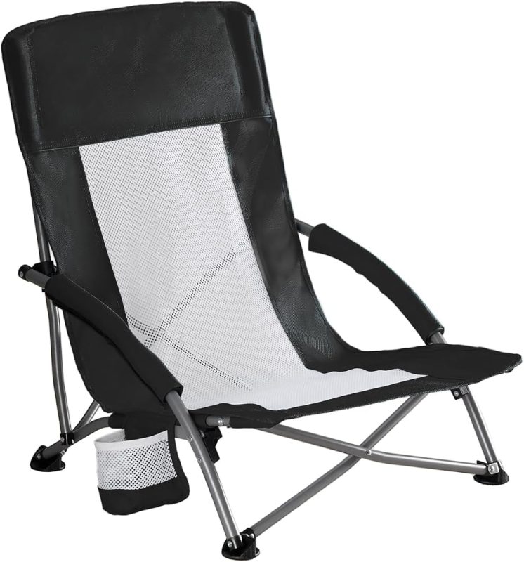 Folding Camping Beach Chair for Adults, Low Profile Lawn Chair with Cup Holders & Carry Bag, Extra Wide Seat and High Back, Portable for Beach, Outdoors, Travel & Concerts, Black - view 1 of 6 | NEWBULIG