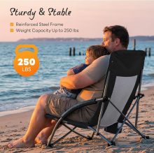 Folding Camping Beach Chair for Adults, Low Profile Lawn Chair with Cup Holders & Carry Bag, Extra Wide Seat and High Back, Portable for Beach, Outdoors, Travel & Concerts, Black - view 3 of 6 | NEWBULIG