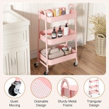 3-Tier Metal Rolling Cart with Lockable Wheels, Heavy Duty Mobile Utility Storage Shelf, Roller Book Snack Cart, Organization for Livingroom, Bathroom, Office, Pink - view 2 of 6 | NEWBULIG