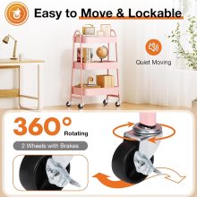 3-Tier Metal Rolling Cart with Lockable Wheels, Heavy Duty Mobile Utility Storage Shelf, Roller Book Snack Cart, Organization for Livingroom, Bathroom, Office, Pink - view 3 of 6 | NEWBULIG