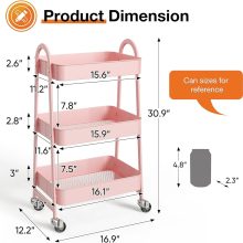 3-Tier Metal Rolling Cart with Lockable Wheels, Heavy Duty Mobile Utility Storage Shelf, Roller Book Snack Cart, Organization for Livingroom, Bathroom, Office, Pink - view 4 of 6 | NEWBULIG