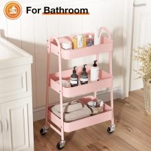 3-Tier Metal Rolling Cart with Lockable Wheels, Heavy Duty Mobile Utility Storage Shelf, Roller Book Snack Cart, Organization for Livingroom, Bathroom, Office, Pink - view 5 of 6 | NEWBULIG