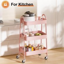 3-Tier Metal Rolling Cart with Lockable Wheels, Heavy Duty Mobile Utility Storage Shelf, Roller Book Snack Cart, Organization for Livingroom, Bathroom, Office, Pink - view 6 of 6 | NEWBULIG