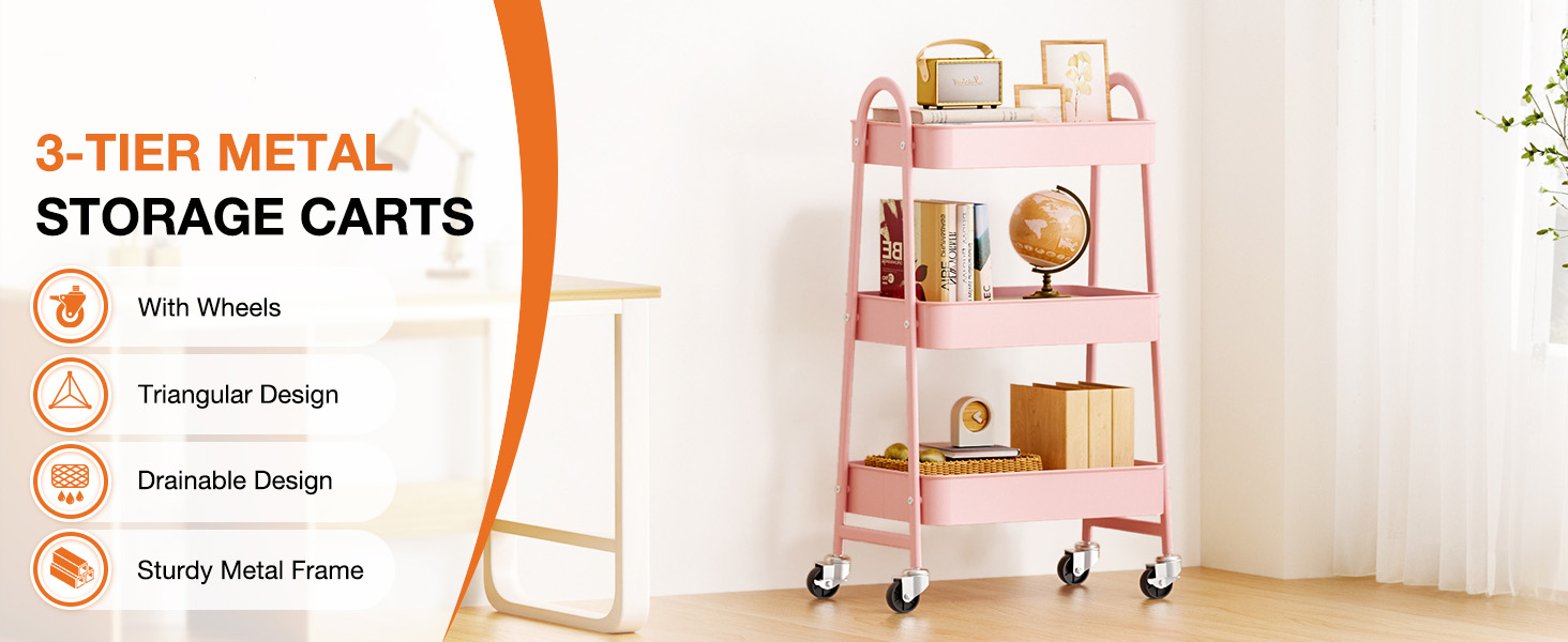 NEWBULIG 3-Tier Metal Rolling Cart with Lockable Wheels, Heavy Duty Mobile Utility Storage Shelf, Roller Book Snack Cart, Organization for Livingroom, Bathroom, Office, Pink - NEWBULIG product detail