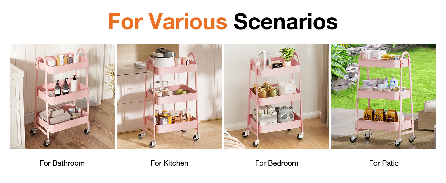 NEWBULIG 3-Tier Metal Rolling Cart with Lockable Wheels, Heavy Duty Mobile Utility Storage Shelf, Roller Book Snack Cart, Organization for Livingroom, Bathroom, Office, Pink - NEWBULIG product detail