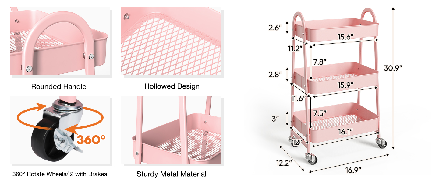 NEWBULIG 3-Tier Metal Rolling Cart with Lockable Wheels, Heavy Duty Mobile Utility Storage Shelf, Roller Book Snack Cart, Organization for Livingroom, Bathroom, Office, Pink - NEWBULIG product detail