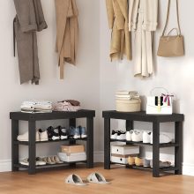 Shoe Rack Bench, 3-Tier Bamboo Shoe Organizer, Wooden Entryway Storage Bench, 286 lb Load Capacity, 11.2×27.6×17.9 Inches, for Entryway Bathroom Bedroom Balcony, Black - view 2 of 6 | NEWBULIG