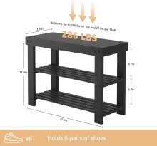 Shoe Rack Bench, 3-Tier Bamboo Shoe Organizer, Wooden Entryway Storage Bench, 286 lb Load Capacity, 11.2×27.6×17.9 Inches, for Entryway Bathroom Bedroom Balcony, Black - view 3 of 6 | NEWBULIG