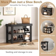 Shoe Rack Bench, 3-Tier Bamboo Shoe Organizer, Wooden Entryway Storage Bench, 286 lb Load Capacity, 11.2×27.6×17.9 Inches, for Entryway Bathroom Bedroom Balcony, Black - view 5 of 6 | NEWBULIG