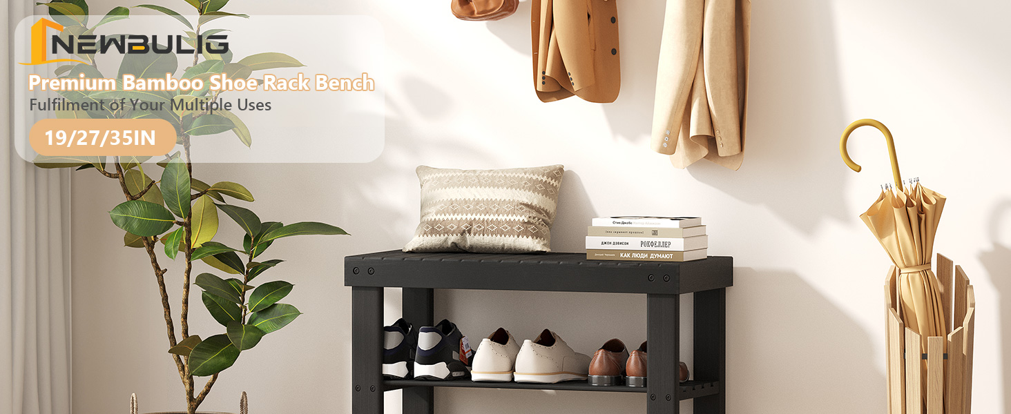 NEWBULIG Shoe Rack Bench, 3-Tier Bamboo Shoe Organizer, Wooden Entryway Storage Bench, 286 lb Load Capacity, 11.2×27.6×17.9 Inches, for Entryway Bathroom Bedroom Balcony, Black - NEWBULIG product detail