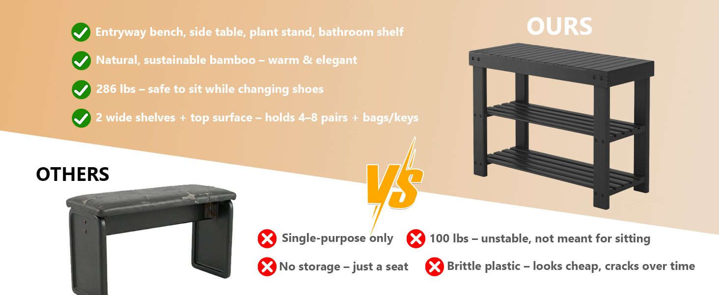 NEWBULIG Shoe Rack Bench, 3-Tier Bamboo Shoe Organizer, Wooden Entryway Storage Bench, 286 lb Load Capacity, 11.2×27.6×17.9 Inches, for Entryway Bathroom Bedroom Balcony, Black - NEWBULIG product detail