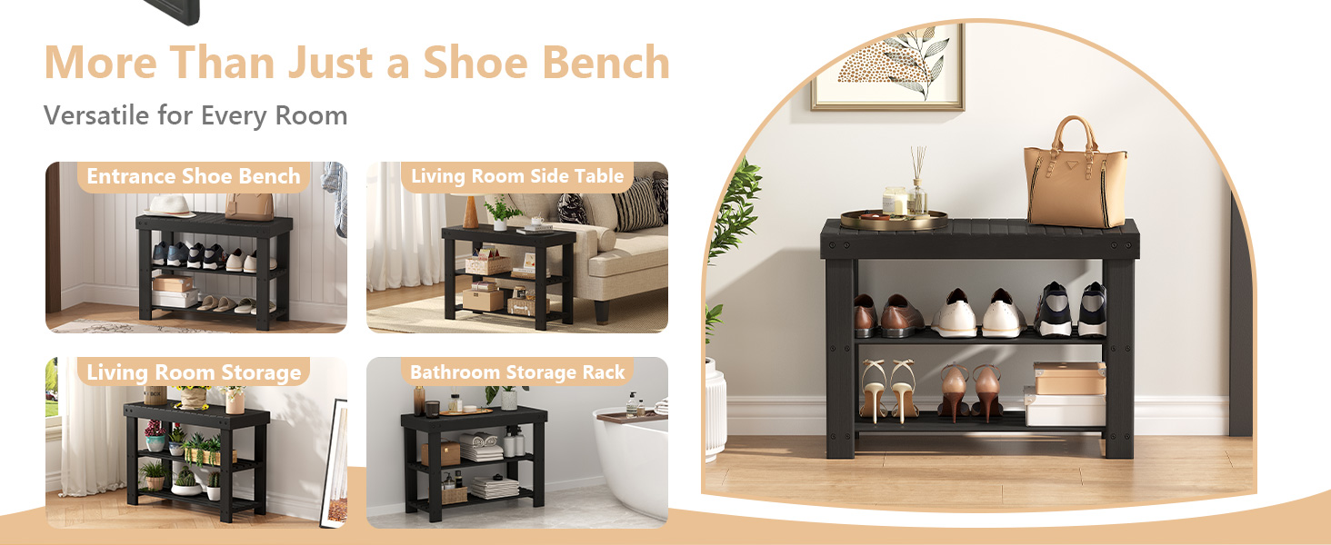 NEWBULIG Shoe Rack Bench, 3-Tier Bamboo Shoe Organizer, Wooden Entryway Storage Bench, 286 lb Load Capacity, 11.2×27.6×17.9 Inches, for Entryway Bathroom Bedroom Balcony, Black - NEWBULIG product detail