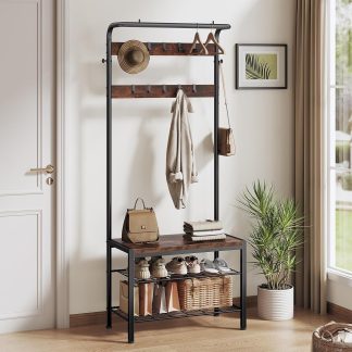 Coat Rack, Hall Tree with Shoe Bench, 4-in-1 Entryway Organizer with 10 Hooks and Storage Shelf, Rustic Wood Entryway Bench for Mudroom, Living Room, Bedroom, Brown | NEWBULIG
