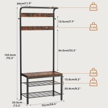 Coat Rack, Hall Tree with Shoe Bench, 4-in-1 Entryway Organizer with 10 Hooks and Storage Shelf, Rustic Wood Entryway Bench for Mudroom, Living Room, Bedroom, Brown - view 3 of 6 | NEWBULIG