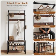 Coat Rack, Hall Tree with Shoe Bench, 4-in-1 Entryway Organizer with 10 Hooks and Storage Shelf, Rustic Wood Entryway Bench for Mudroom, Living Room, Bedroom, Brown - view 4 of 6 | NEWBULIG