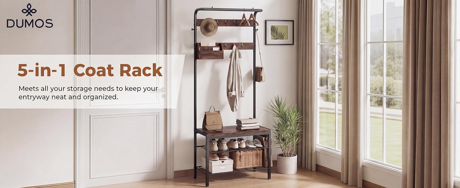 NEWBULIG Coat Rack, Hall Tree with Shoe Bench, 4-in-1 Entryway Organizer with 10 Hooks and Storage Shelf, Rustic Wood Entryway Bench for Mudroom, Living Room, Bedroom, Brown - NEWBULIG product detail