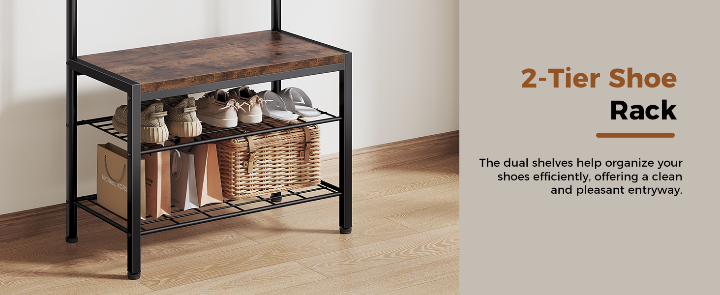 NEWBULIG Coat Rack, Hall Tree with Shoe Bench, 4-in-1 Entryway Organizer with 10 Hooks and Storage Shelf, Rustic Wood Entryway Bench for Mudroom, Living Room, Bedroom, Brown - NEWBULIG product detail