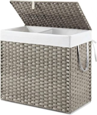 Laundry Hamper with Lid, 29 Gallon (110L) Wicker Clothes Basket, Double Woven Clothes Basket Organizer for Bedroom, Bathroom & Laundry Room, Grey | NEWBULIG