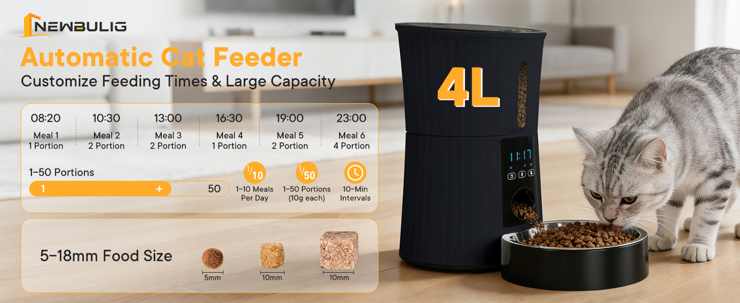 NEWBULIG Automatic Cat Feeder with APP 4L Small Dog Food Dispenser, Black - NEWBULIG product detail