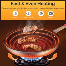 Nonstick Frying Pan, 14 Inch Heavy-Gauge Aluminum Skillet with Ceramic Nonstick Coating & Stainless Steel Base for Induction, Electric, Gas, Oven Safe, Red Hanging Handle - view 4 of 6 | NEWBULIG