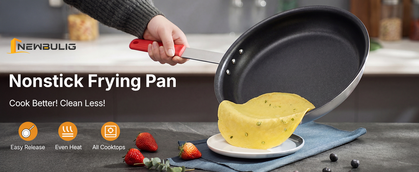 NEWBULIG Nonstick Frying Pan, 14 Inch Heavy-Gauge Aluminum Skillet with Ceramic Nonstick Coating & Stainless Steel Base for Induction, Electric, Gas, Oven Safe, Red Hanging Handle - NEWBULIG product detail