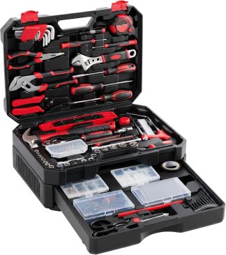 330-Piece Complete Tool Box Set, Durable Homeowners Tool Kit with Pull-Out Drawer, Versatile Home Repair Kit for Auto & Household, DIY Projects, Black-Red | NEWBULIG