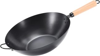 13.5 Inch Carbon Steel Wok Pan, Pre-Seasoned Flat Bottom Wok for Stir Fry, BBQ, Grill & Camping, Compatible with Induction, Electric, Gas and Open Fire, Black | NEWBULIG