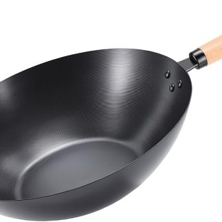 13.5 Inch Carbon Steel Wok Pan, Pre-Seasoned Flat Bottom Wok for Stir Fry, BBQ, Grill & Camping, Compatible with Induction, Electric, Gas and Open Fire, Black | NEWBULIG