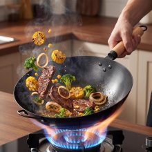 13.5 Inch Carbon Steel Wok Pan, Pre-Seasoned Flat Bottom Wok for Stir Fry, BBQ, Grill & Camping, Compatible with Induction, Electric, Gas and Open Fire, Black - view 2 of 6 | NEWBULIG