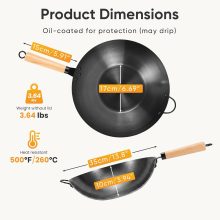 13.5 Inch Carbon Steel Wok Pan, Pre-Seasoned Flat Bottom Wok for Stir Fry, BBQ, Grill & Camping, Compatible with Induction, Electric, Gas and Open Fire, Black - view 3 of 6 | NEWBULIG