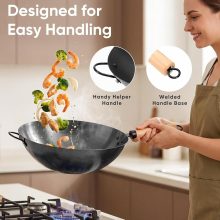 13.5 Inch Carbon Steel Wok Pan, Pre-Seasoned Flat Bottom Wok for Stir Fry, BBQ, Grill & Camping, Compatible with Induction, Electric, Gas and Open Fire, Black - view 4 of 6 | NEWBULIG
